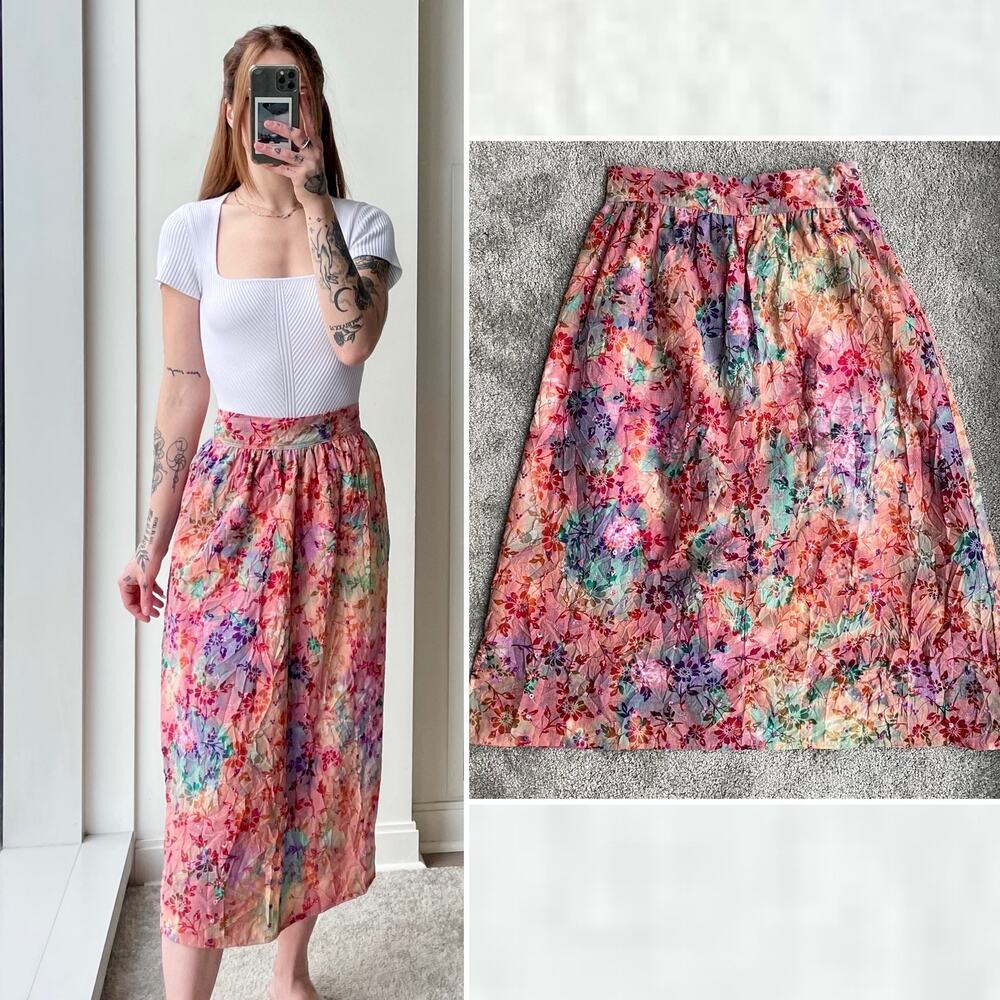Vintage Handmade Rainbow Floral Embroidered Midi Skirt Size M Hippie Artsy